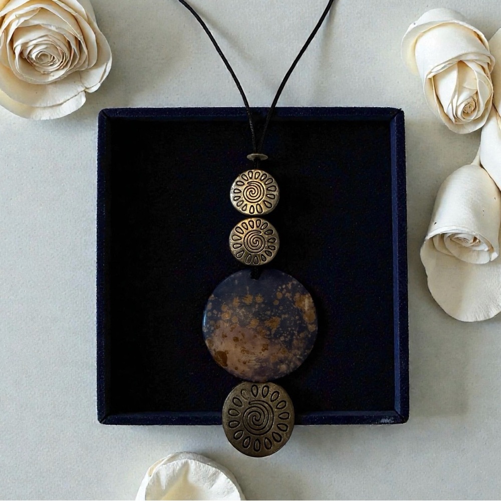 Vintage Handmade Bohemian Corded Stone Festival Tribal Style Pendant Necklace